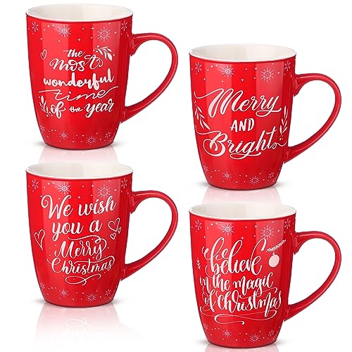 Suttmin 4 Pcs Christmas Ceramic Mugs 11.83 oz Red Holiday Coffee Mugs Set Merry Christmas Coffee Mugs Merry and Bright Stackable Drinking Cup Christmas Tea Cup for Coffee Milk Hot Cocoa Xmas Winter