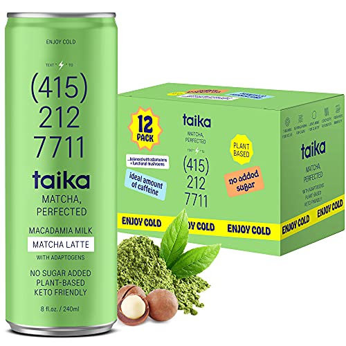 Taika Matcha Latte - Ready-to-Drink Canned Matcha Latte - Organic Ceremonial Grade Japanese Matcha w Macadamia Milk, Adaptogens & Functional Mushrooms - Gluten-Free Keto-Friendly Matcha Drink - 8 Fl Oz (Matcha Latte, Pack of 12)