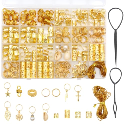 ZOCONE 253 Piezas Anillos de Trenza de Pelo Dorados Anillos Pelo Ajustable Anillos para el Pelo Mujer Hombres Niñas Abalorios para el Pelo Mujer Rastas Trenzas Adornos Pelo Mujer para Trenzas DIY