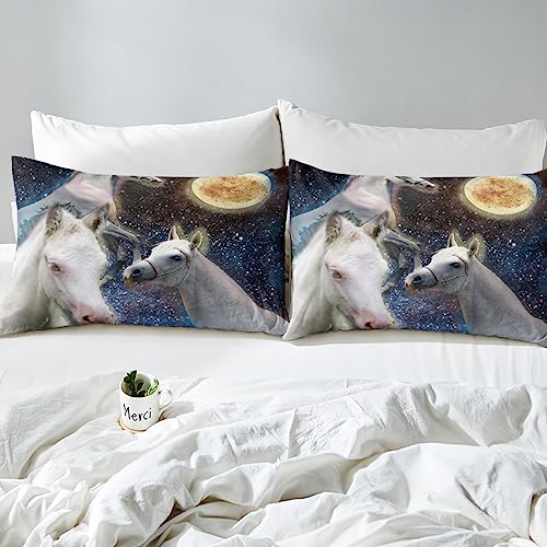 Kids Horse Bedding Set Horse Lover Gift Duvet Cover Set For Boys Girls White Horses Moon Decor Comforter Cover Set Animal Stuffed Bedspread Cover Bedroom Quilt Cover 2Pcs Single - Image 4