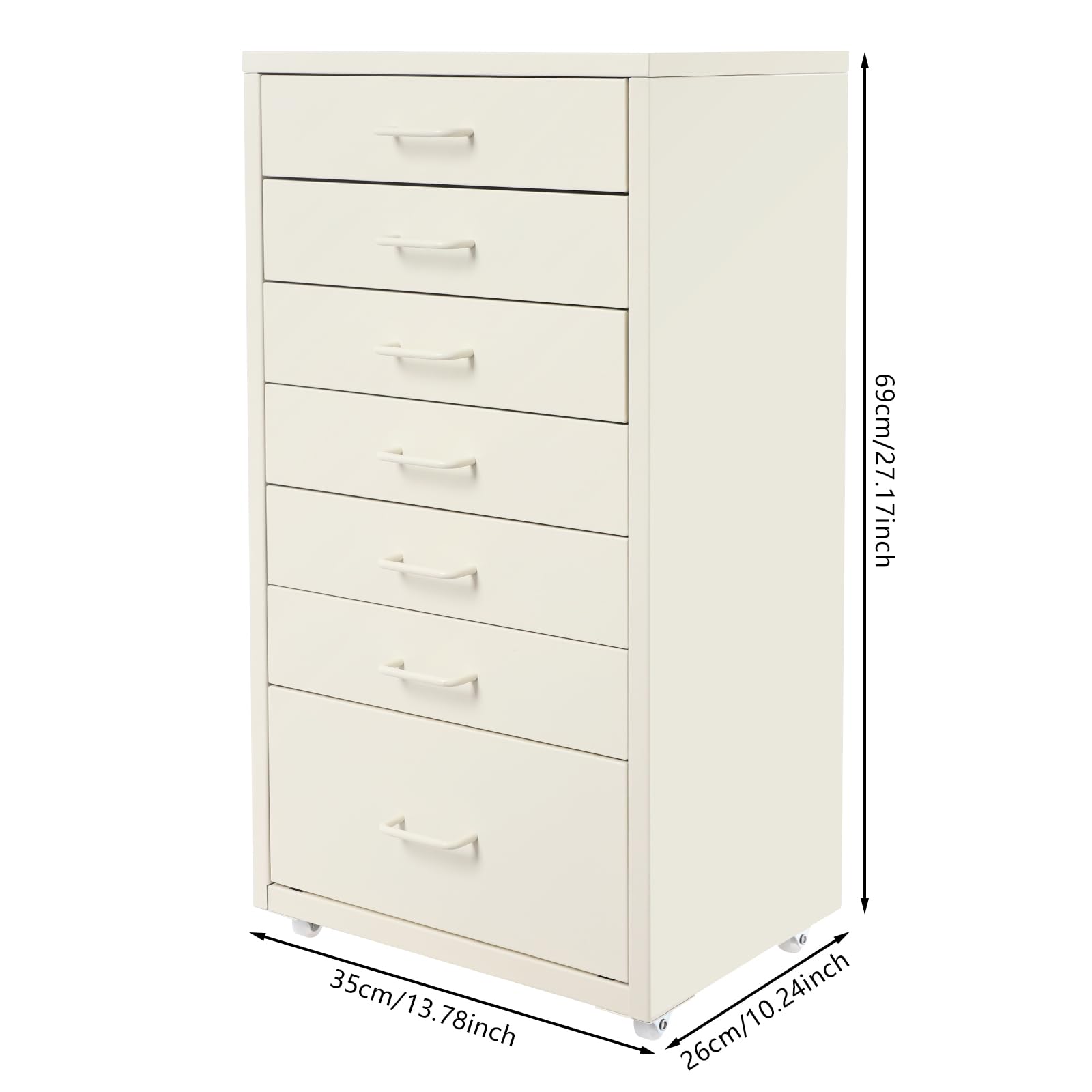 Mobiler Aktenschrank, Rollcontainer mit 7 Schubladen Metall-Nachttisch Schubladenschrank Rollschrank Nachttische Gesamtbelastbarkeit 3-5 kg für Wohnzimmer 35x26x69 cm (Beige)