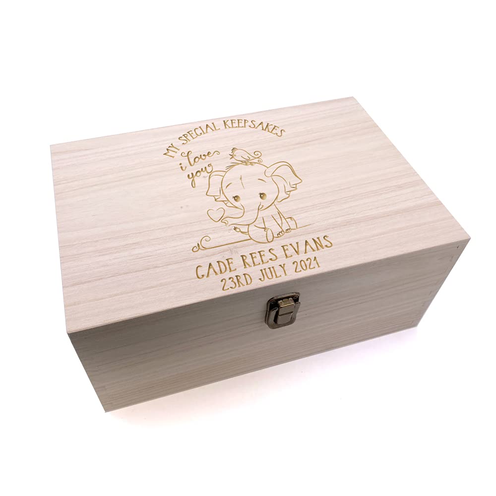 Ukgiftstoreonline Natural Wood Personalised Baby Memory Special Keepsake Box With Cute Elephant