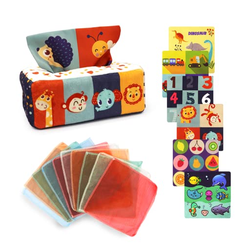 Image of CUUPA Baby Toys 6 to 12 Months, Baby Tissue Box Sensory Toys w/ 6 Crinkle Papers & 10 Silk Scarves, Montessori Toys for Babies 6-12 Months, Early Learning Toys for 1 Year Old Girl Boy Birthday Gift