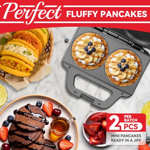 Image of SugarWhisk 4 Inch Double Mini Pancakes Maker Machine, Arepa Maker, Electric Pancake Maker Griddle, Ideal for Pancakes, Cookies, Eggs, Arepas & Breakfast Sandwiches, Graphite