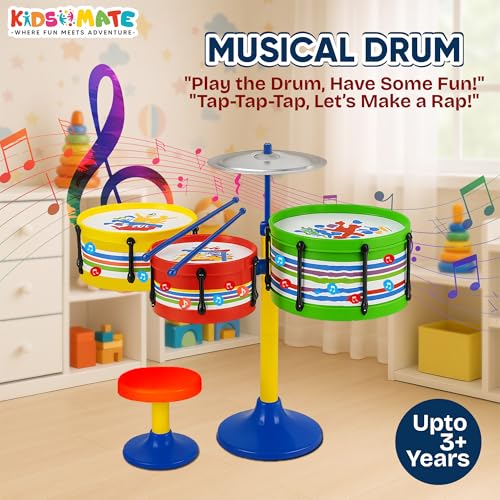 Image of Kidsmate Lil' Beats Drum Set for Kids | 3 Drums, Cymbal, Drumsticks & Stool | Musical Toys for Kids | Perfect Birthday Gift Mini Drum Set for Boys & Girls of Age 3+ (Multicolor)