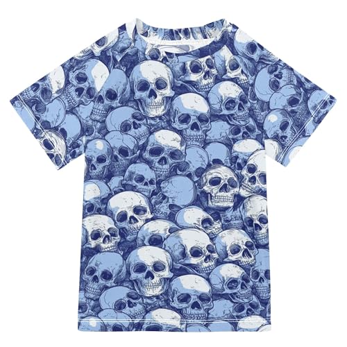Funny Skull Blue Bathing Suit Girls UV Protection Teen Rash Guard Swimsuit Swimwears Athletic Tops for Youth Boys 7-8Y