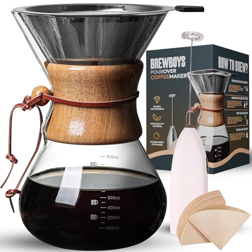 BrewBoys Cafetera de vertido, 8 tazas, 34 onzas, filtro de acero inoxidable de doble capa, cafetera de goteo de vidrio resistente al calor, cafetera de goteo de café con 40 filtros de papel
