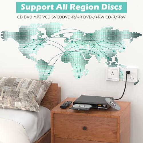 Image of 1080P HD DVD Player for TV with HDMI, Region Free, Compact Multi-Format CD /DVD /USB Player for Smart TV, Plays All Region DVDs & Multi-Format, HDMI /RCA Cables & Remote Included for Home TV