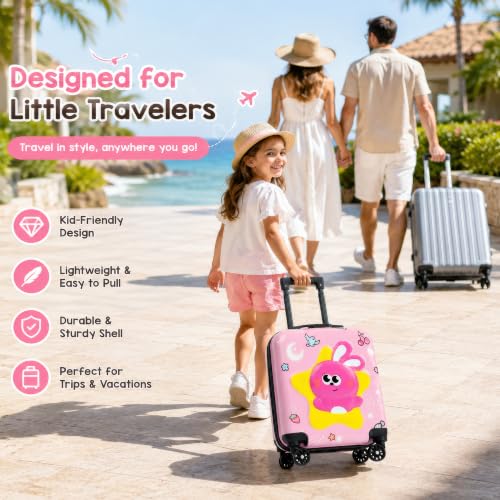 Image of Storite 18In Kids Luggage Trolley Hard Shell Cabin Suitcase | Cartoon Bunny Star Design Suitcase Ideal For School Trips Vacations Holidays And Weekend Travel(Peach Pink-35 x 23 x 38 Cm)