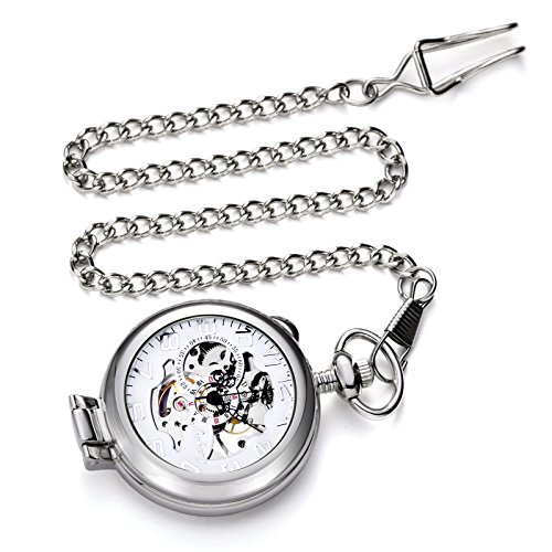 TREEWETO Unisex Taschenuhr mit Kette Analog Handaufzug Stehende Lupe Skelett Silber – Bild 3