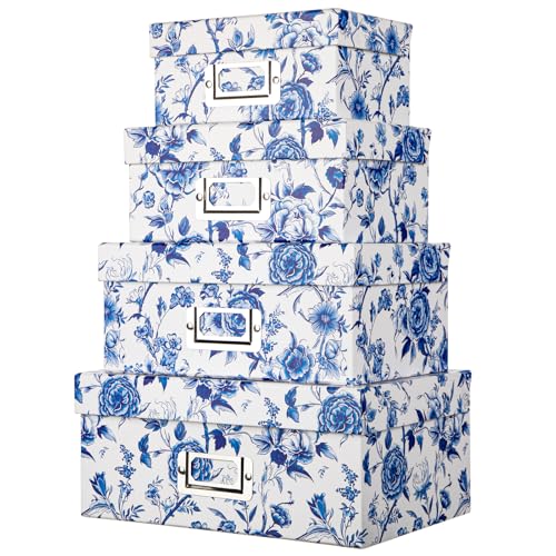 Briful Blue and White Porcelain Storage Boxes with Lids, Set of 4 – Chinoiserie Decorative Nested Card Photo Storage Box Organizer, Paperboard Box...
