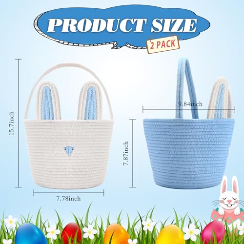 Image of Colingmill 2 Pieces Easter Bunny Basket with Handle Woven Empty Rabbit Basket for Easter Egg Hunt Cute Candy Gifts Storage Party Favors Supplies(White, Blue)