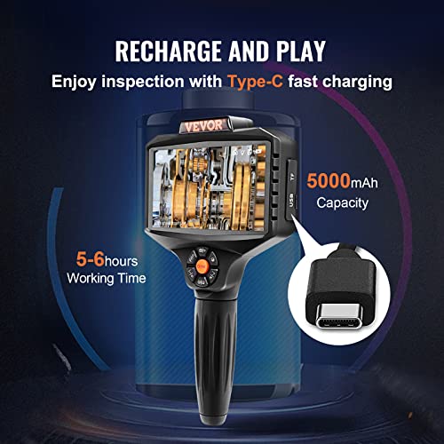 Image of VEVOR Triple Lens Inspection Camera with Light, 5 inch IPS Screen Industrial Borescope, 8X Zoom 1080P HD Split Screen, 10 LED Lights Scope Camera for Automotive, Plumbing(16.5FT)