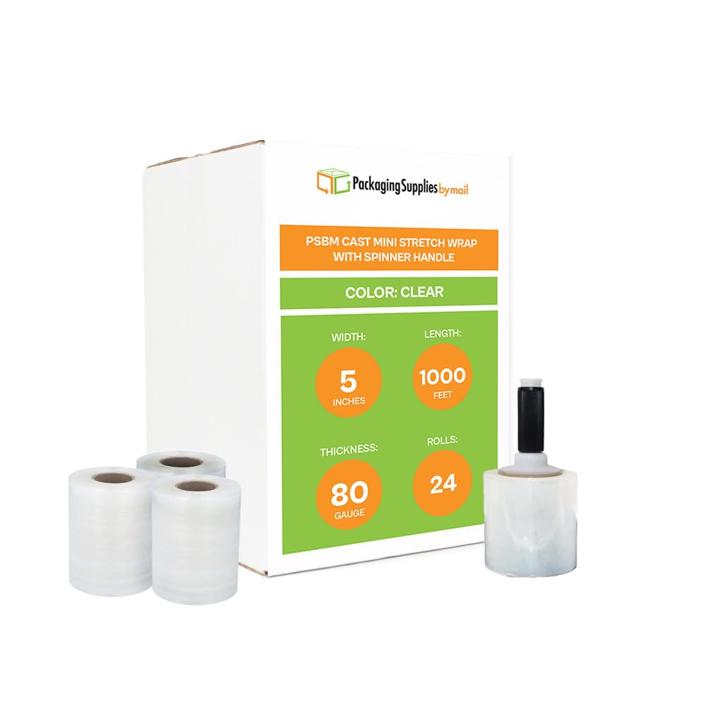 PSBM Mini Stretch Wrap with Black Spinner Handle, 24 Pack, 5 Inch x 1000 Feet, 80 Gauge, Clear, Small Plastic Cling Film for Pallets Moving Storing