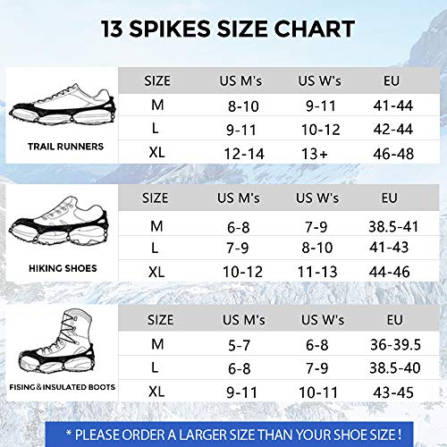 Uelfbaby Crampons 13 Spikes Ice Snow Grips Traction Cleats System Safe Protect for Walking, Jogging, or Hiking on Snow and Ice
