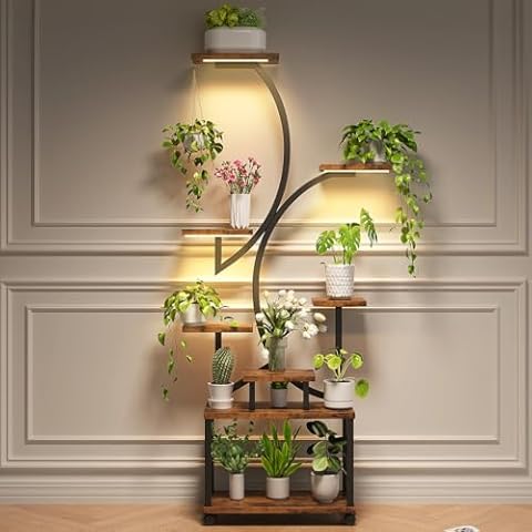 Plant Stand Indoor with Grow Lights, 8 Tiered Indoor Plant Shelf Wood Plant Rack for Multiple Plants Double-C Shape Plant Holder for Living Room Patio Boho Home Decor for Gardening Cover