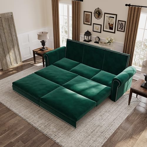 Image of Eafurn 93.7 inch King Size Pull Out Sofa Bed, 3-in-1 Convertible Sleeper Sofa Couch Bed with Nailhead Decor and Rolled Arms, Velvet Oversized Chesterfield Loveseat Chaise Lounge