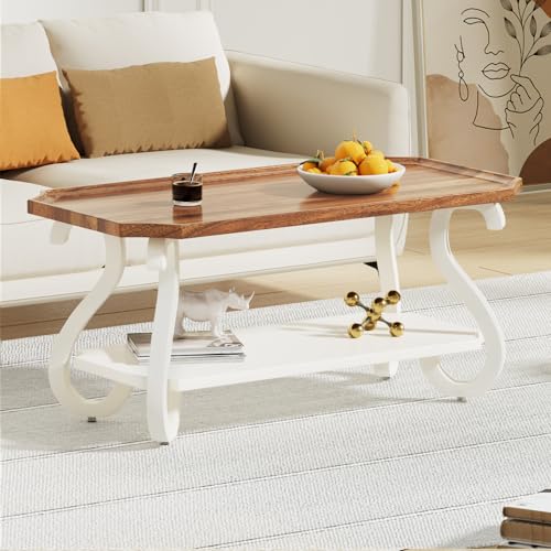 Allstand FAST0069ABRUSY French Country Farmhouse Coffee Table, Wood Tray Top Rustic Coffee Table, Anti-Fall, Accent Table With Storage, Carved Legs, Rectangle Vintage White Coffee Tables For Living Room thumb #6