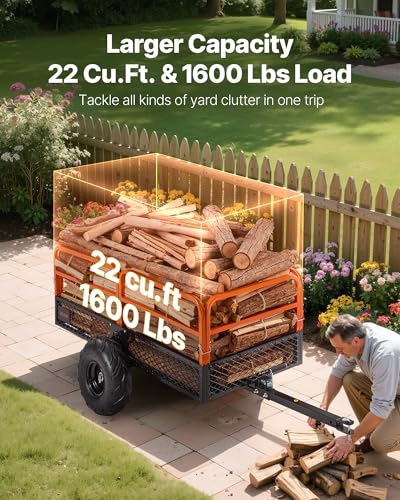 Image of VEVOR 22 Cu.Ft 1600Lbs Steel ATV UTV Trailer Tow Behind Dump Cart, Heavy Duty Pull Behind Utility Dump Trailer for Lawn Mower Trailer Tractor Garden Yard with Removable Rear Panel