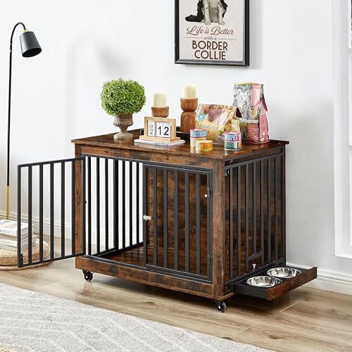 GOWE Furniture Style Dog Crate Side Table with Feeding Bowl, Wheels, Three Doors, Flip-Up Top Opening. Indoor, Rustic Brown, 38.58