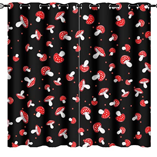 Kazynee Kids Cute Mushroom Ultra Soft Premier Blackout Curtains,Cartoon Red Mushrooms Shaped Wild PlantThermal Insulated Bedroom Noise Reducing Patio Door Grommet Top,2 Panels 63L x 31.5W