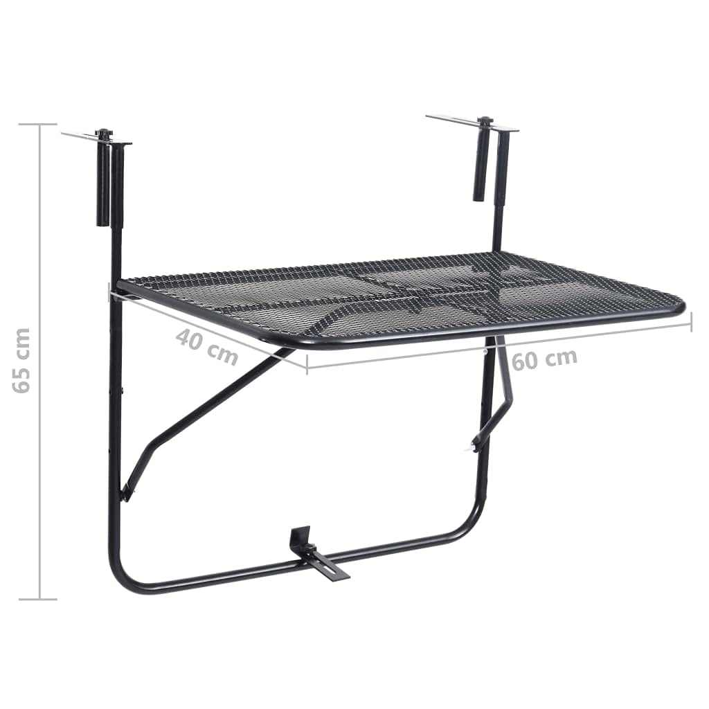 Wakects Table Suspendue pour Balcon Exterieur - 60 x 40 cm - Table de Pont Pliante - Résistante aux intempéries - Noire - Table de Balcon Rabattable Petite en Acier - Design grillagé - pour extérieur