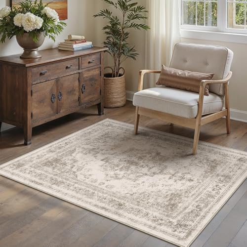 Area Rug 2x3 Beige Washable Entryway Vintage Medallion Carpet Non Slip Low Pile Soft Doormat Distressed Retro Indoor Small Rug for Kitchen Bedroom Laundry Bathroom