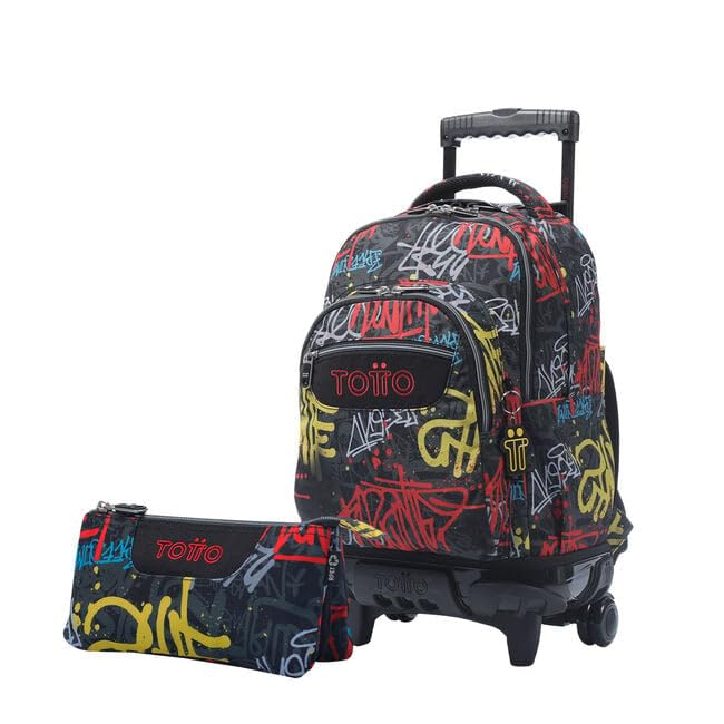 TOTTO Pack Escolar X2 Mochila Escolar Renglones de Ruedas + Estuche Escolar Tablero de 3 Compartimentos, Mochila de 26,21 L con Organizador, para Material Escolar, Estampado Grafil