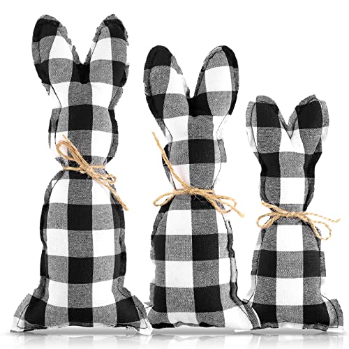 Easter Fabric Bunnies Farmhouse Rustic Bunny Spring Decor Vintage Plaid Easter Rabbit Decor Spring Black White Buffalo Stuffed Animal for Home Tiered Tray Basket Bowl Filler Rabbit Collections 3 Pcs