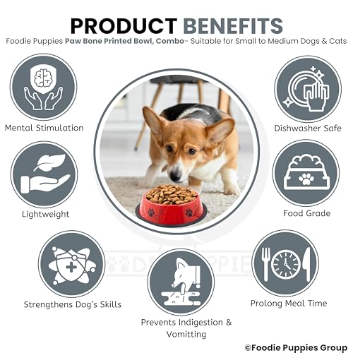 Image of Foodie Puppies Stainless Steel Dog Bowl Combo - (Medium, 700ml) Food and Water Feeding Gift Bowl | Suitable for Dogs, Cats and Other Pets I Paw Bone Print, Anti-Skid Rubber Base (White + Red)