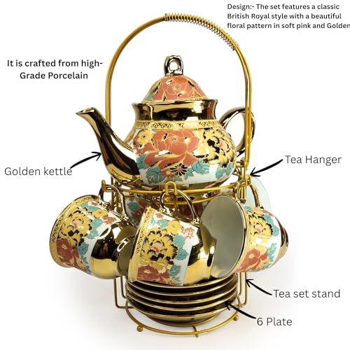 Image of DMRD Ceramic Tea Set -13 Pcs |1Kettle (800 ml), 6 Cups (180ml) & 6 Plates | Microwave & Dishwasher Safe | Elegant Morning Tea Set for Gifting | Floral & Aesthetic Design | Cute Cups Set (Pink)