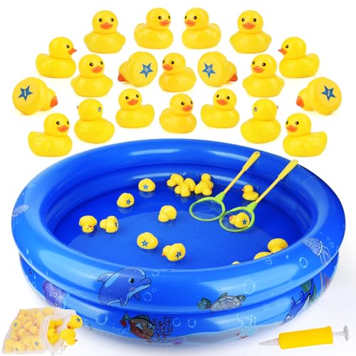 Duck Matching Game Toys for Kids - 20 Plastic Ducks with Numbers,34' x 7' Kiddie Pool | Storage Bag, 2 Nets - Fun Memory Games - Water Outdoor Game for Children,Preschoolers,Birthday Party Carnival