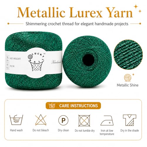 Image of 2PCS Metallic Crochet Thread Yarn for Crocheting,Lurex Thread Round Band Yarn with Sparkle Shine for Clothes, Car Charm, Keychain Charm(Green)