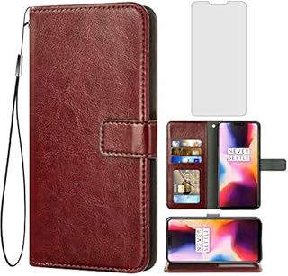 Asuwish Compatible with OnePlus 6 Wallet Case Tempered Glass Screen Protector and Flip Cover Card Holder Stand Accessories Phone Cases for OnePlus6 A6000 One Plus6 1 Plus 1plus Six One+ 1+ 6 Brown