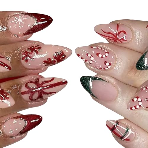 2 Packs 48Pcs Christmas Press on Nails Short Almond Fake Nails Re...