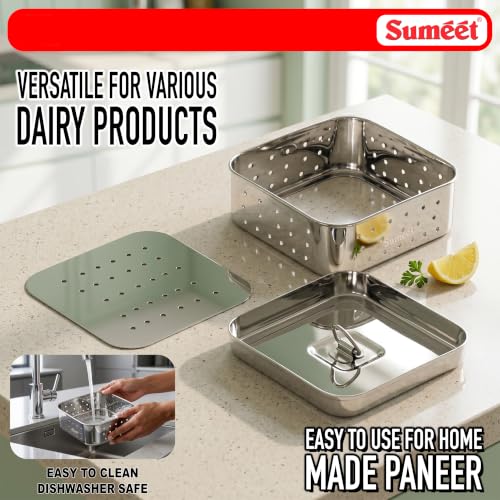 Image of Sumeet Stainless Steel Square Shape Paneer /Tofu /Sprout Maker /Mould /Press, Easy and Perfact for Home Made Healthy Paneer, 12.5cm Dia, 600gms Paneer from, 3 liter Milk, Silver