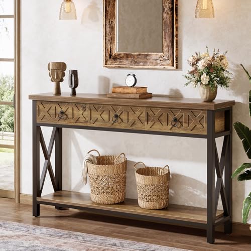 Tribesigns Konsolentisch Schmal 140×30×85 cm mit 3 Schubladen, Rustikaler Konsolentisch mit Ablage, Sofa Beistelltisch für Wohnzimmer Flur Eingangsbereich, Braun & Schwarz Tribesigns Konsolentisch Schmal 140×30×85 cm mit 3 Schubladen, Rustikaler Konsolentisch mit Ablage, Sofa Beistelltisch für Wohnzimmer Flur Eingangsbereich, Braun & Schwarz