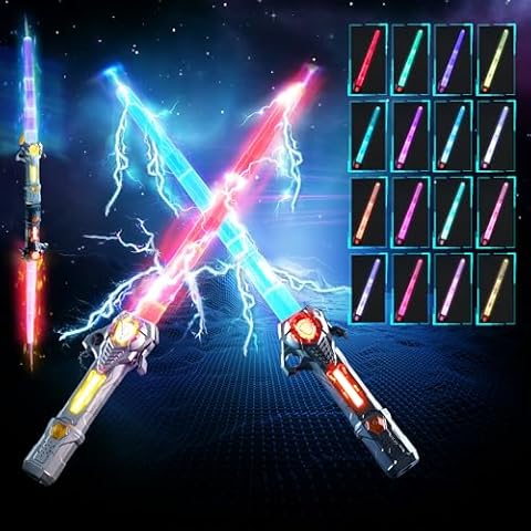 Skirfy Lights Sabers,2 Pack Lightsabers Sword for Kids with FX Sound and 16 Colors,2 In1 LED Lightsabers Toy,Retractable Lightsabers,Halloween Dress Up Party Gift,Black & Grey Cover