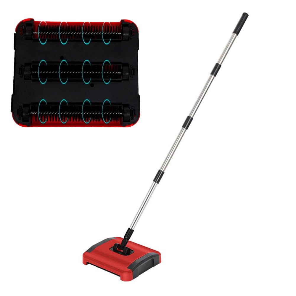 Ccarzzi Red Carpet Floor Sweeper Manual With 3 Rolling Brushes, Quite Carpet Sweeper Non Electric Rug Roller Brush For Pet Hair, Dust, Debris