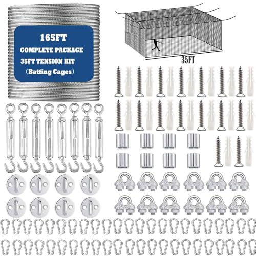 Jecarden Batting Cage Netting Wire Tension Kit for 35FT Batting Cage Cable Suspension Kits Batting Cage Netting Baseball Softball DIY Net Hanging Kit Indoor and Outdoor Backyard Design