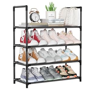 SOLVIEW Schuhregal Metall mit 4 Ebenen,Schuhschrank Organizer für 12 Paar,Stapelbar Schwarz Schuhregal Platzsparend für Flur, Outdoor, Abstellkammer, 60 x 25.5 x 72cm
