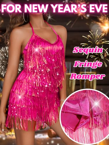 Image of Kaei&Shi Sequin Fringe Romper,Sparkly Glitter Metallic Jumpsuits For Women,Backless Shorts Dress Disco Birthday Dance Outfit