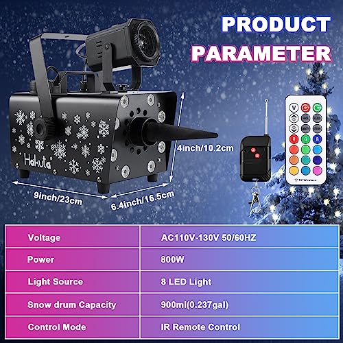 hakuta upgraded 800w snow machine with 8 led rgb lights led projection and 2 wireless remotes perfect for christmas halloweenparties wedding and dj stage