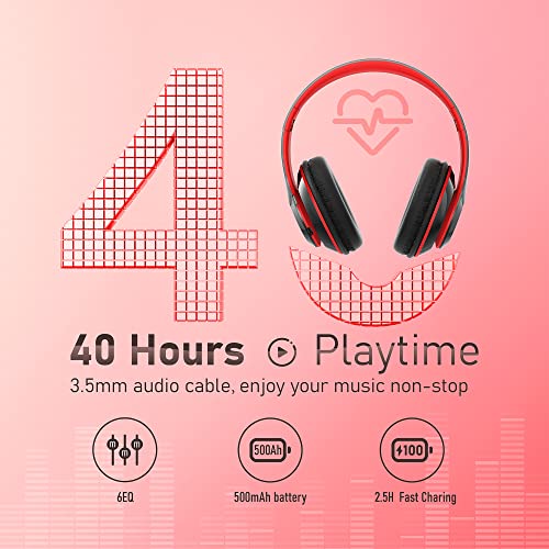 Bluetooth Headphones Over Ear, 6S Foldable Wireless Headphones With 6 Eq Modes, 40 Hours Playtime Hifi Stereo Headset With Mic, Soft Ear Pads, Tf/Fm For Cellphone/Pc/Home (Black & Red) #TOP1