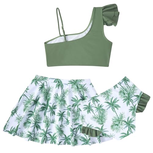 Yousie Girls Swimsuit, Tropical Bathing Suit 3 Pieces Ruffle Bikini Set with Cover Ups Skirt 7-12 Years3