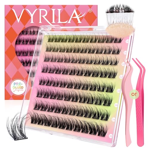 VYRILA Self Adhesive Lash Clusters Kit 0.05mm fiber Wispy Pre Glued Lash Extensions Kit Reusable 0.1mm Ultra Thin Band Natural Eyelashes Easy Apply Eyelash Clusters for Beginners(PG-ZE02)