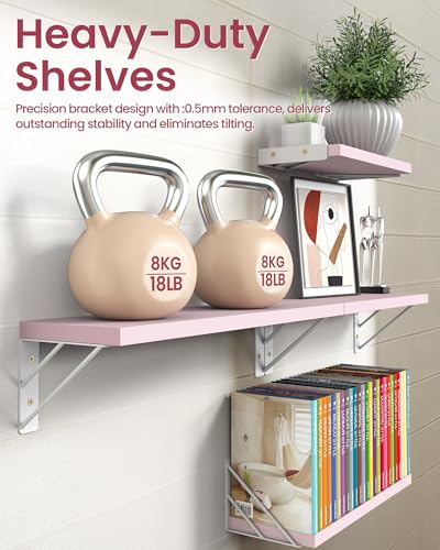 Image of BAYKA Wall Shelves for Bedroom Decor, Pink Floating Wall Shelf for Living Room Kitchen Storage,Mounted Rustic Wood Shelves for Kids Books, Corner Shelf for Bathroom(16in,Set of 4)