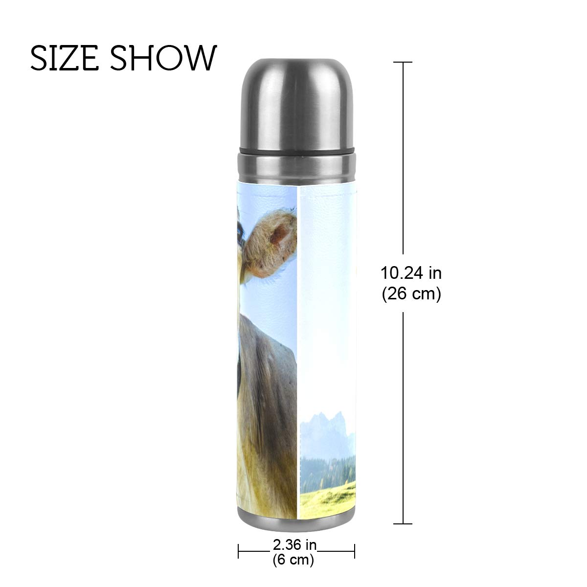 Taza de viaje aislada al vacío de acero inoxidable con doble pared a prueba de fugas, botella divertida de vaca personalizada impresa en piel auténtica envuelta termo termo termo 500 ml