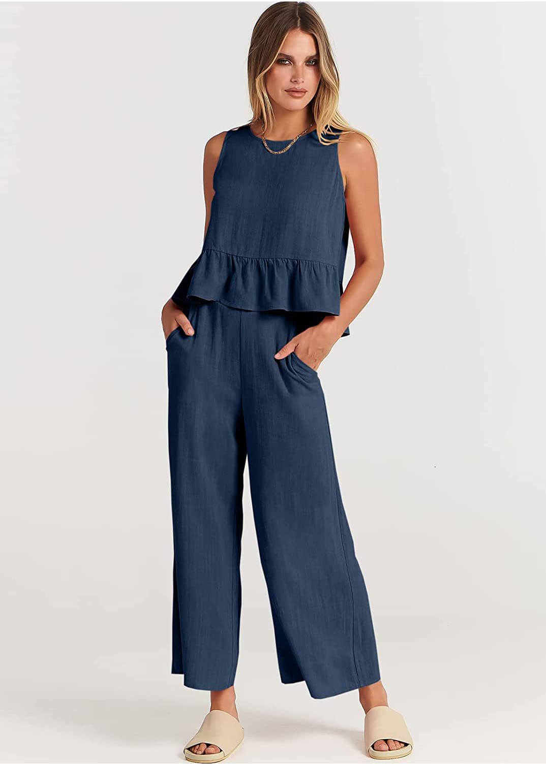 shownicer Ensemble en Lin Femme Chic et Elegant Costume 2 Piece Lâche Couleur Unie sans Manches Camisole Vintage et Pantalon Été Décontracté Ensemble Vetement Casual Outfit