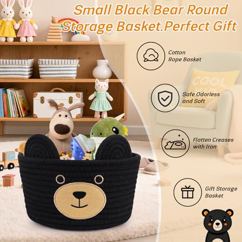 Image of Cute Black Bear Basket for Nursery- Small Animal Gift Basket,Soft Woven Rope Cotton Storage, Shower Baby Towel 0rganizer with Bear Ears, Candy Blanket Towel Decor Storage Bin, 8.2 inchD x 4.7 inchH IN